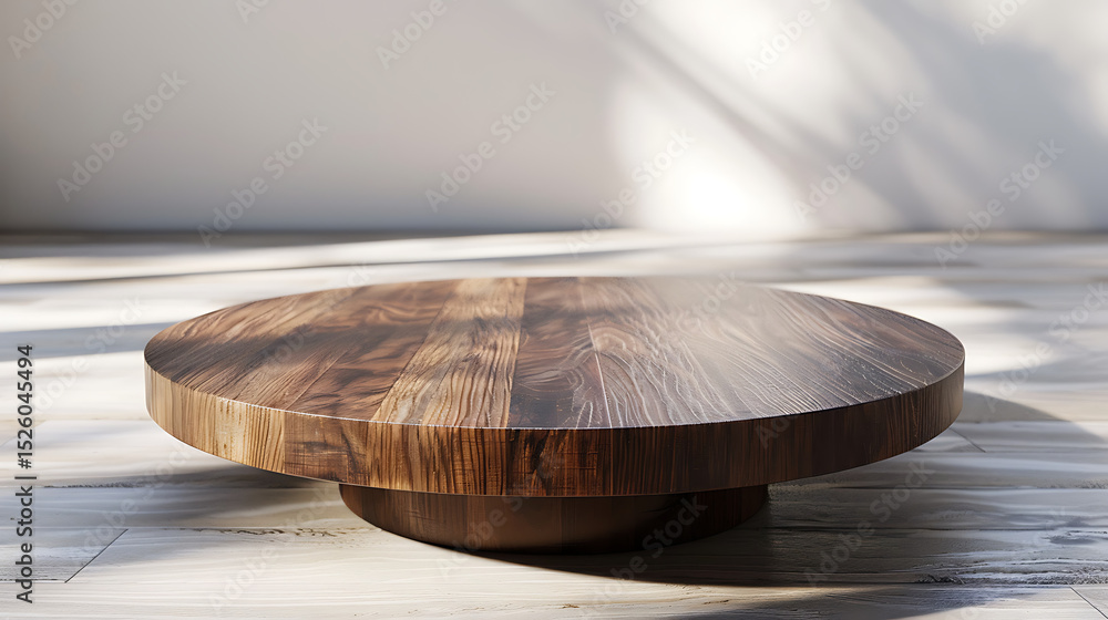 Poster a round wooden table with a smooth, polished surface sits on a wooden floor, illuminated by soft lig