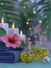 Spa setting with candles and oils