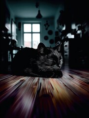Black cat sleeping on wood floor