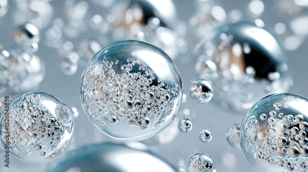 Poster translucent bubbles containing silver spheres layering in ethereal composition, generating soft lumi