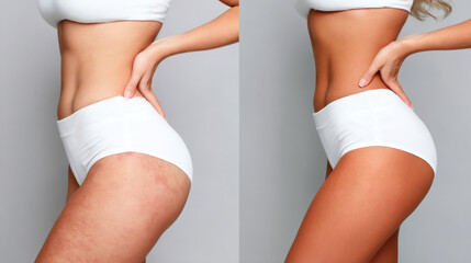 Split screen female legs revealing cellulite reduction, demonstrating cosmetic treatment results and skin improvement before and after professional intervention