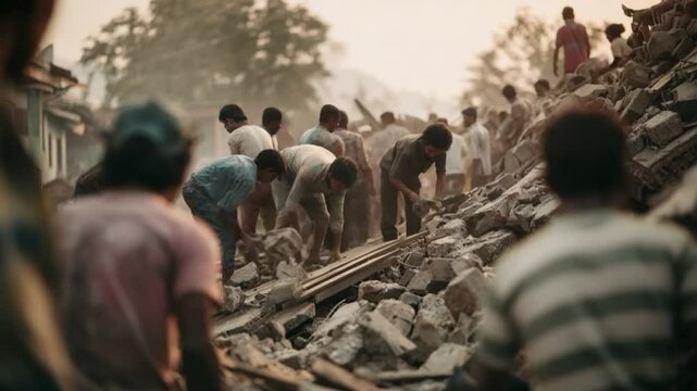 Tense Reconstruction: Witness the intense scene of dedicated individuals working tirelessly amidst the ruins, sifting through debris.