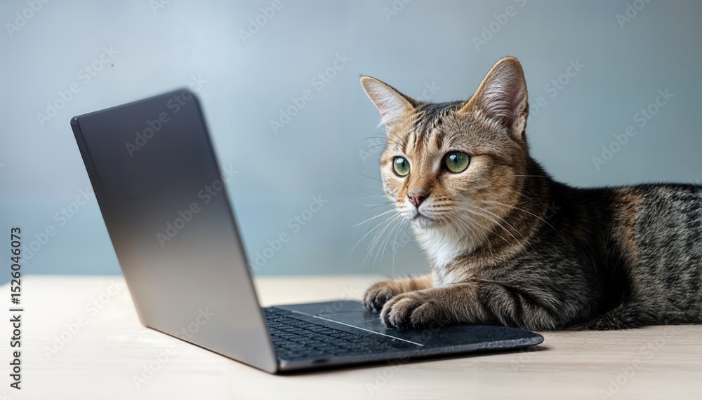 Poster cute cat curiously exploring a computer laptop against a modern background playful, technologicallyd