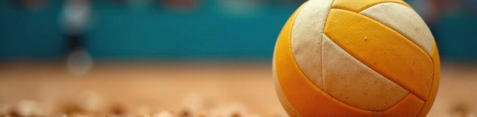 Close-up textured volleyball, blurred background, orange, round, white