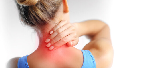 Woman massaging painful neck region, red highlight emphasizing area of muscular tension on clean white medical visualization backdrop