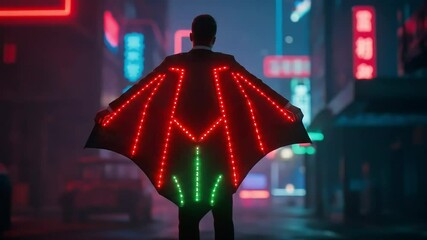 Businessman in Glowing Cyberpunk Wingsuit Cape at Night in Neon City - Powered by Adobe