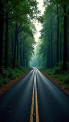 Naklejka premium Dark, shadowed forest road, ribbon of asphalt , drone, road