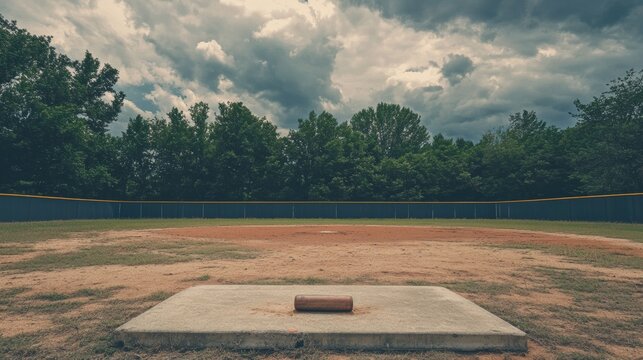 A baseball field's bullpen with pitching rubber, outdoor setting with cloudy skies, Rustic style