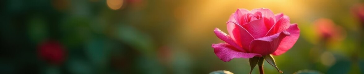 Deep pink rose, dew drops, sun rays, lush foliage, sun, macro, bloom