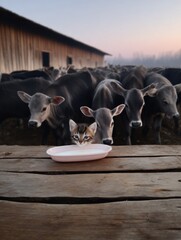 Kitten and cows by a wooden table