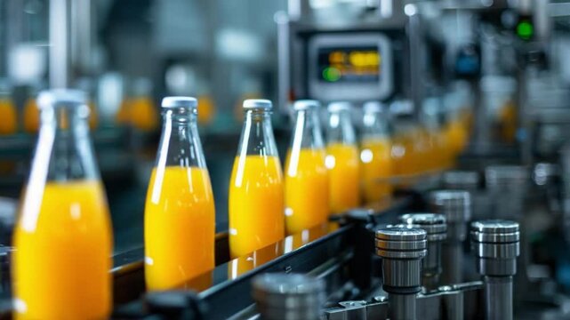 Bottled Juice Production Line: A vibrant lineup of glass bottles filled with delicious juice glides along a sleek conveyor belt in a high-tech automated bottling plant.