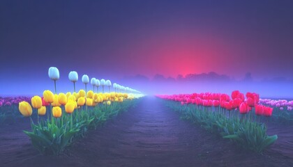Colorful tulips in a misty field at dawn