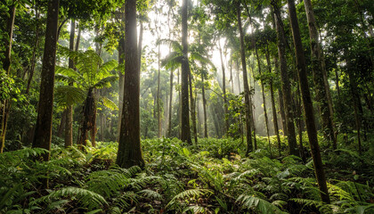 Fototapeta premium Dense tropical forest with sunlight filtering through trees, creating serene atmosphere