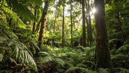 Fototapeta premium Lush tropical forest with sunlight filtering through trees, creating serene atmosphere