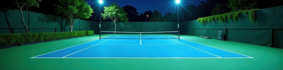 Well-lit tennis court, blue-green playing surface, night scene, activity, dark