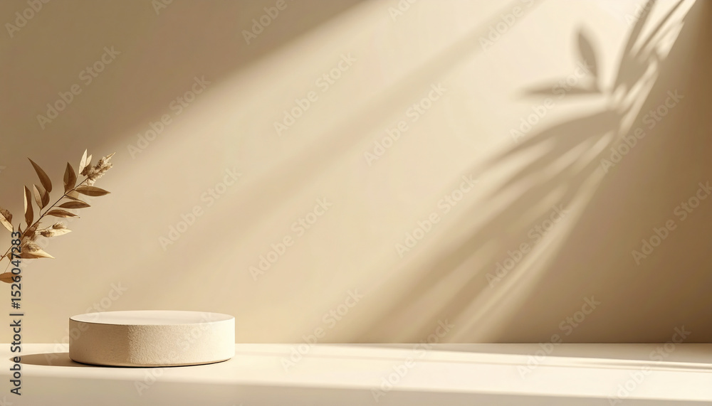 Poster smooth beige surface with circular object and plant casting shadows