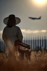 Woman with hat and suitcase at airport, sunset