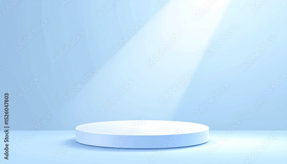 Aufkleber minimalistic display platform illuminated by soft light against faint blue background