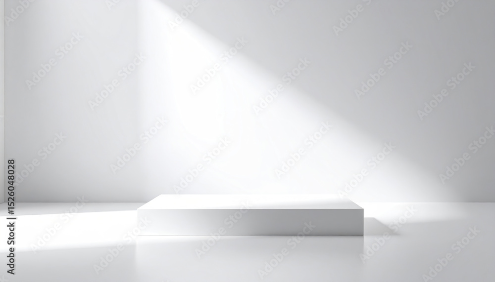 Poster minimalistic white display platform illuminated by soft light, creating serene atmosphere