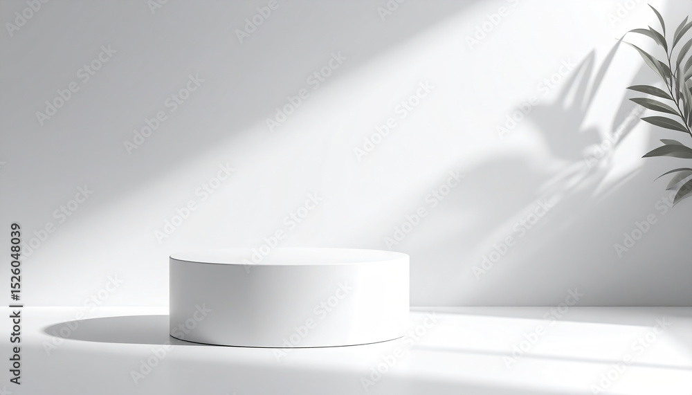 Poster minimalist display with round white pedestal and soft shadows, creating serene atmosphere