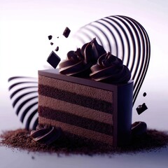 Dark chocolate cake slice in a studio setting
