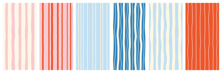 Set of seamless modern simple minimal vertical summer striped colorful light patterns, backgrounds; blue, red, pink, white colors; hand drawn vector illustration, drawing, flat style