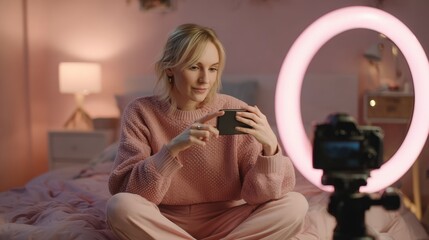 Woman Recording Educational Content in Home Studio - Professional Setup for Online Learning