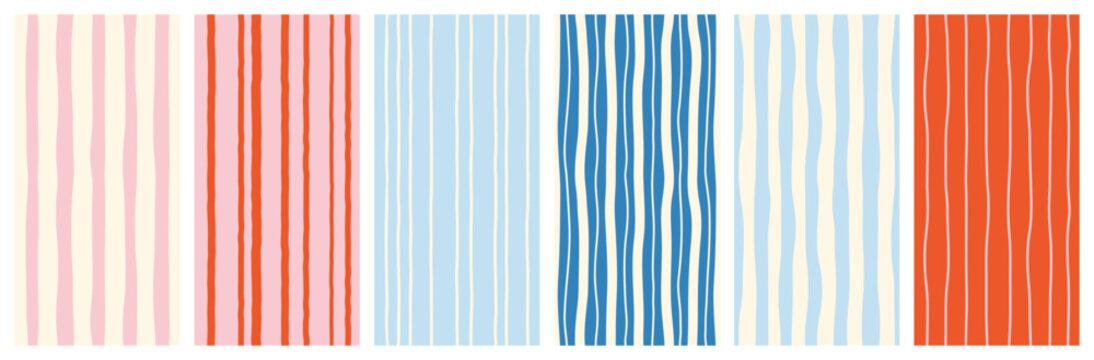 Set of seamless modern simple minimal vertical summer striped colorful light patterns, backgrounds; blue, red, pink, white colors; hand drawn vector illustration, drawing, flat style