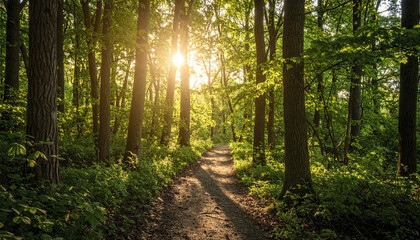 Obraz premium serene forest path illuminated by golden sunlight filtering through lush green trees
