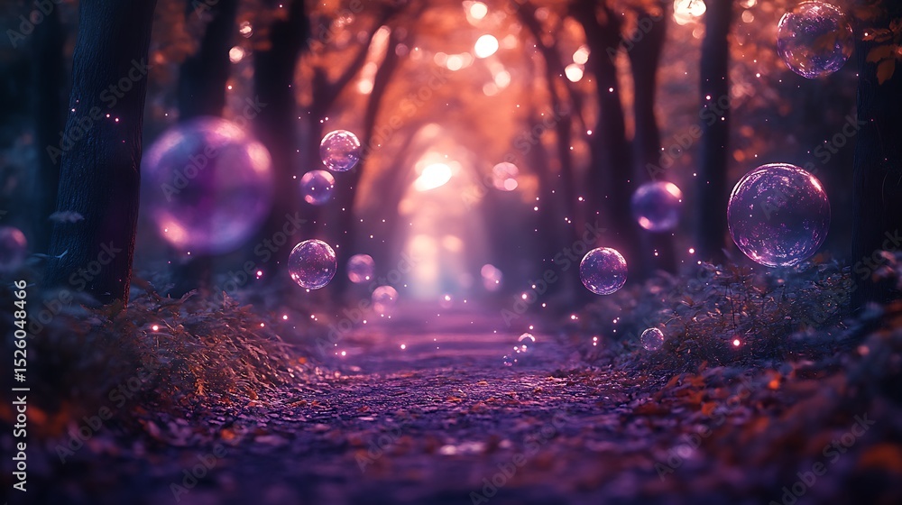Poster enchanted forest path adorned with mystical orbs and shimmering particles