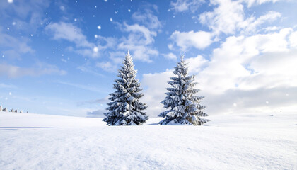 Obraz premium Frosted winter landscape with two snow covered pine trees under blue sky and falling snowflakes