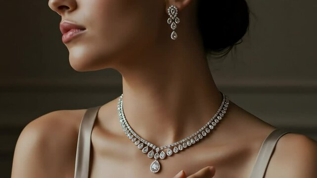 Close Up Of Woman Turning Head Showing Glistening Diamond Necklace And Earrings