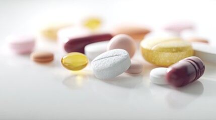 Realistic close-up of assorted pills and tablets scattered on clean white background, symbolizing modern healthcare, medication variety, pharmaceutical industry and self-care treatment concepts