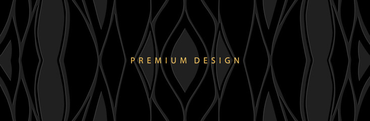 Banner, cover. Premium design. Geometric ethnic decorative pattern on a black background, embossing, art deco. 3D ornaments, arabesques, mandala, fresco, painting of the East, Asia, India, Mexico.