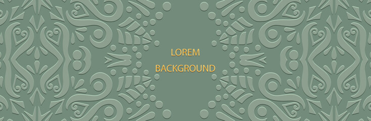 Obraz premium Banner, cover. Green lorem background. Geometric ethnic artistic 3D pattern in handmade style. Relief ornaments, arabesques, mandala, fresco, painting of the East, Asia, India, Mexico, Aztec, Peru.