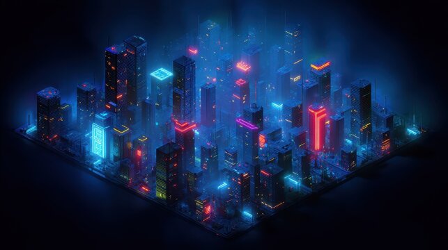 Futuristic city at night, illuminated by vibrant neon lights.