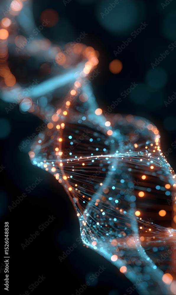 Poster abstract digital art depicting interconnected glowing particles creating a dynamic energy wave desig