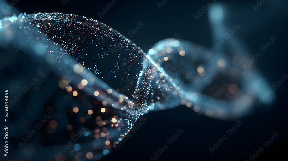 Poster abstract digital art with flowing wave made of luminous dots on a dark background showcasing data