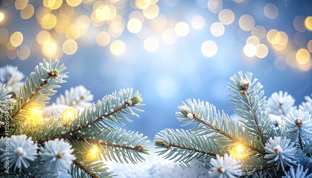 Poster frosted pine branches adorned with glowing lights against soft blue background create magical