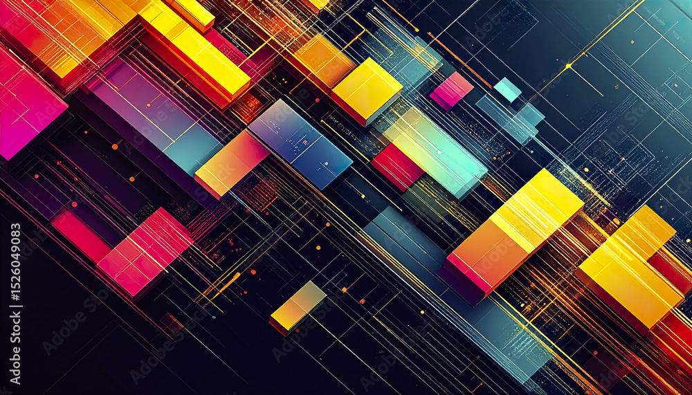 Poster futuristic abstract city map with vibrant blocks and lines in diagonal layout