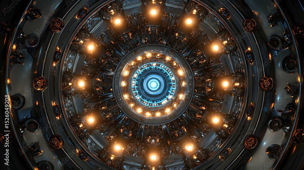 Poster abstract glowing interior with metallic structures and lights resembling a futuristic machine core