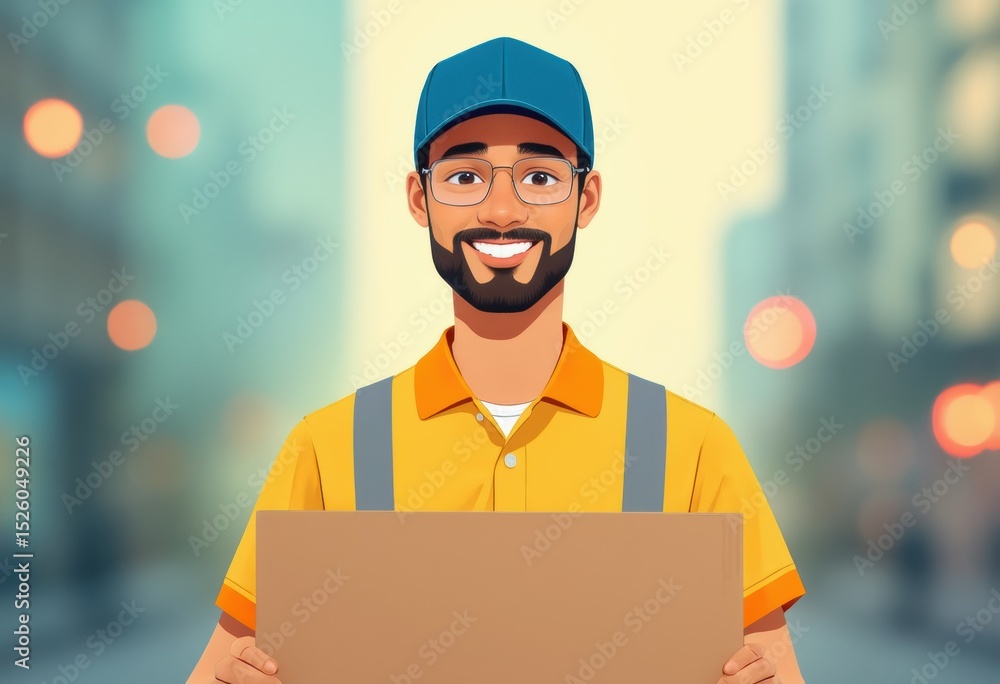 Poster delivery worker smiling while holding a package in an urban setting