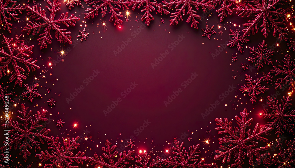 Poster glowing red snowflakes drift across dark ruby background, creating festive atmosphere