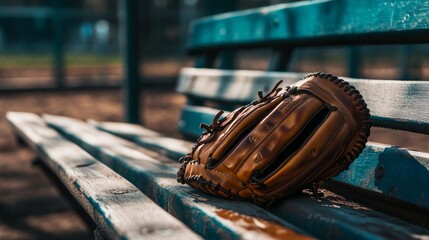 A baseball glove on dugout bench, outdoor setting with bright sunlight, Classic style
