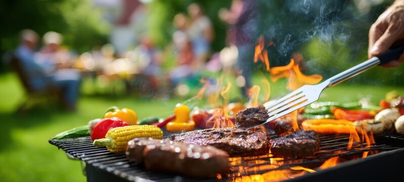 The vibrant barbecue scene with sizzling steaks and fresh vegetables.