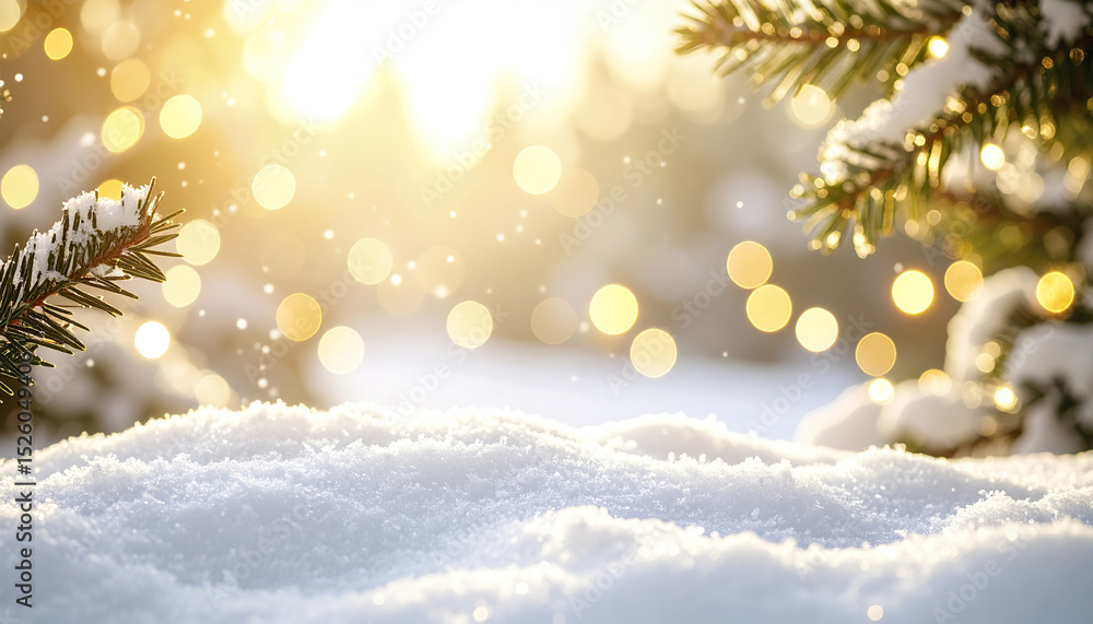 Aufkleber serene snowy landscape with soft golden bokeh and shimmering sparkles, creating dreamy