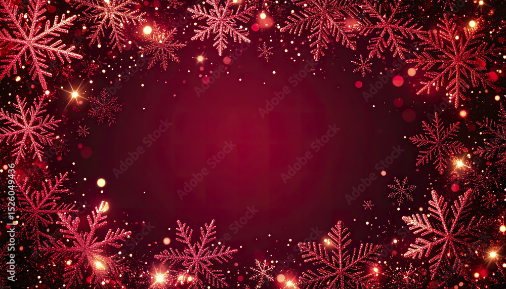 Poster glowing red snowflakes drift across dark ruby background, creating festive atmosphere