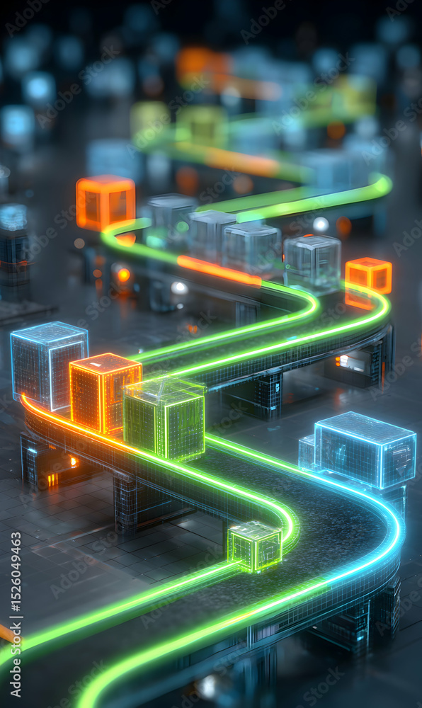 Poster abstract geometric composition featuring glowing cubes and lines representing connectivity and data 