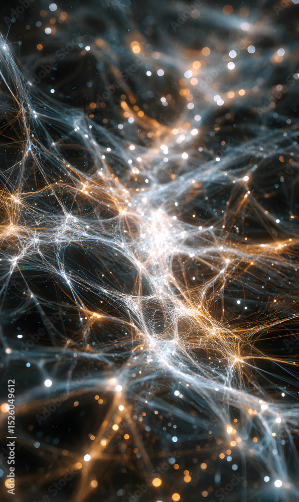Poster abstract digital rendering displaying neural network connections with glowing particles and ethereal