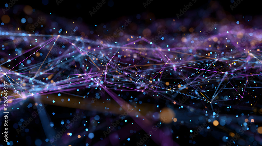 Poster abstract network of glowing particles and lines connecting nodes in a dark vibrant space